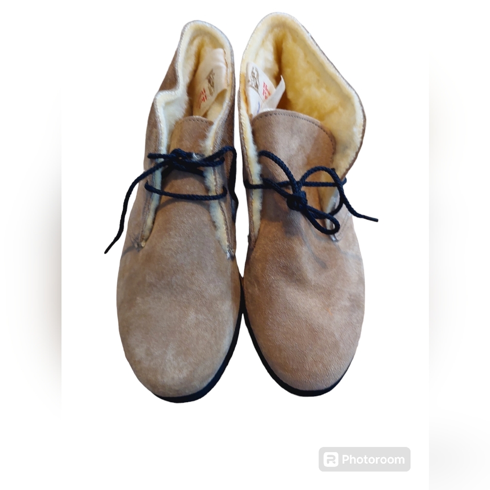 Vtg Hushpuppies Sz 1 Mens Boys Girls Wide Suede Shearling Lined Boots Neutral